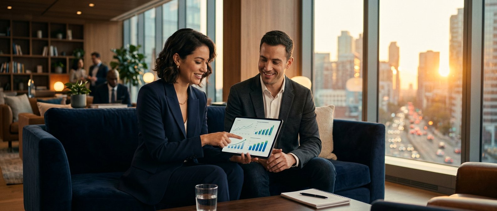 A couple reviewing their financial plan with a Finance Blue Hub advisor