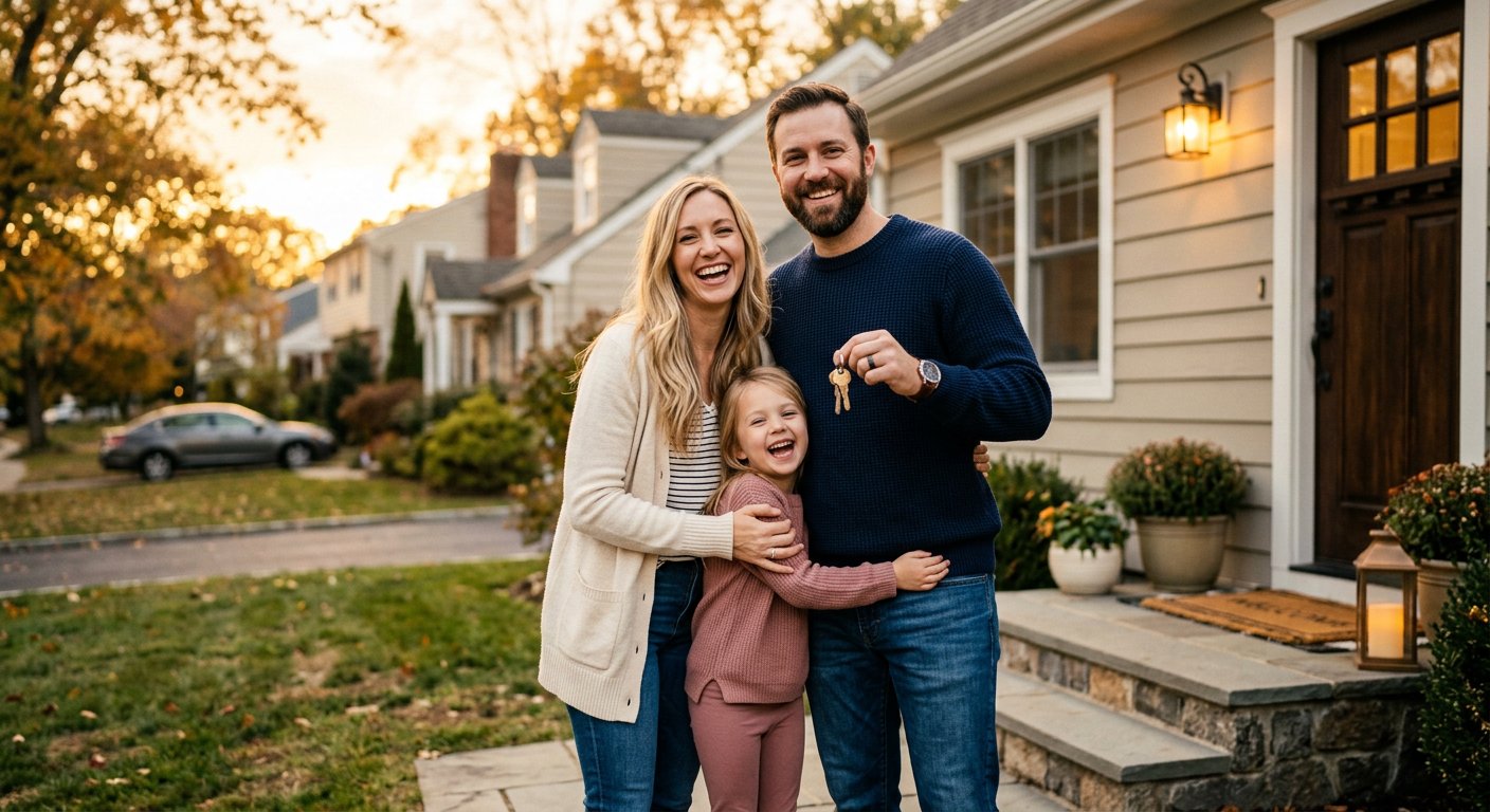 Family in front of their new home