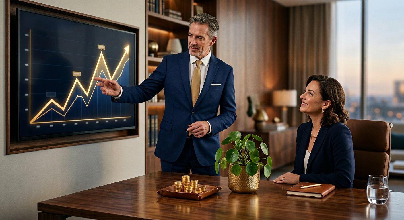 Wealth advisor reviewing a growth chart with a client